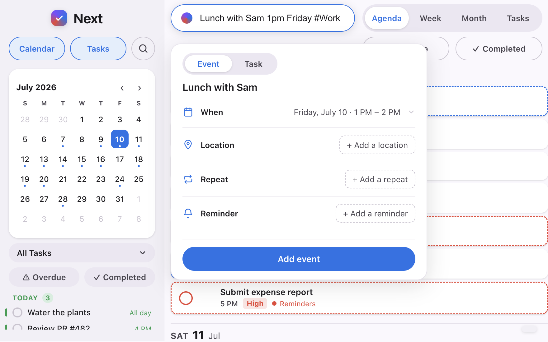Next's quick-add preview parsing a natural-language event as it's typed